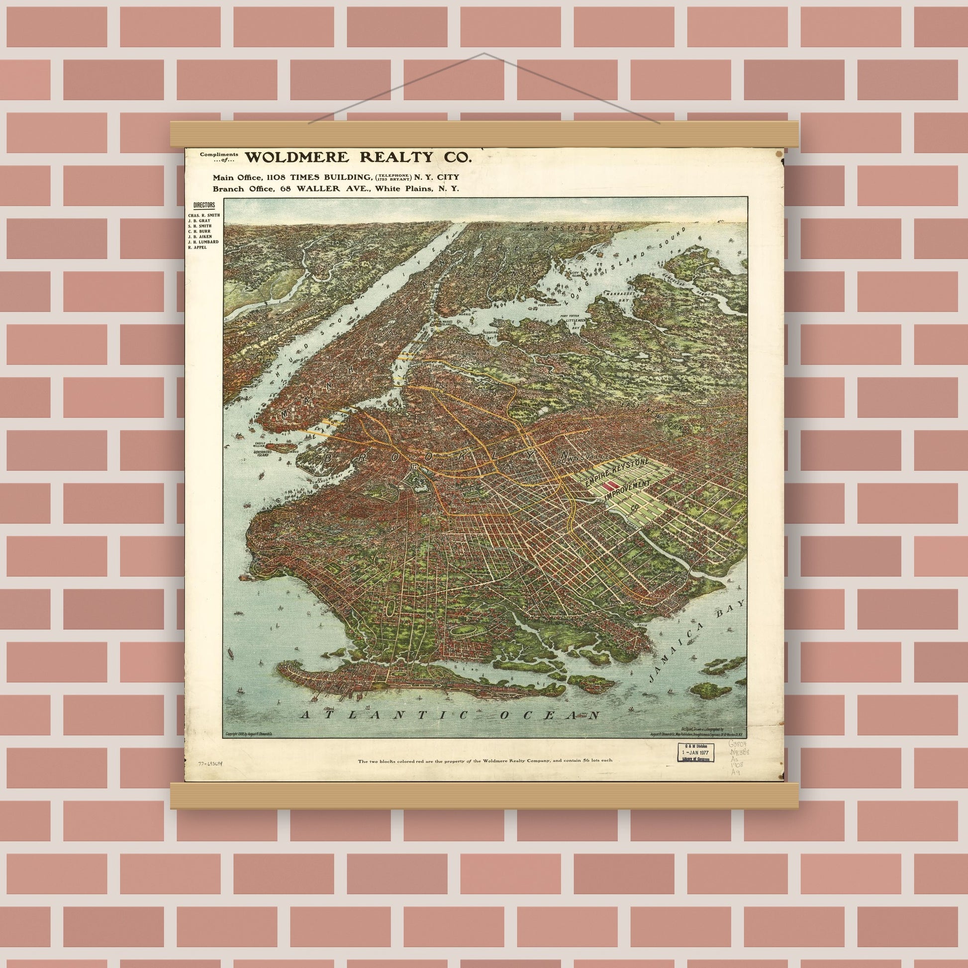 Old map wall art mockup — magnetic wood frame on brick wall — [Bird's-eye-view of Brooklyn] (1908)