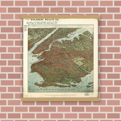 Old map wall art mockup — magnetic wood frame on brick wall — [Bird's-eye-view of Brooklyn] (1908)