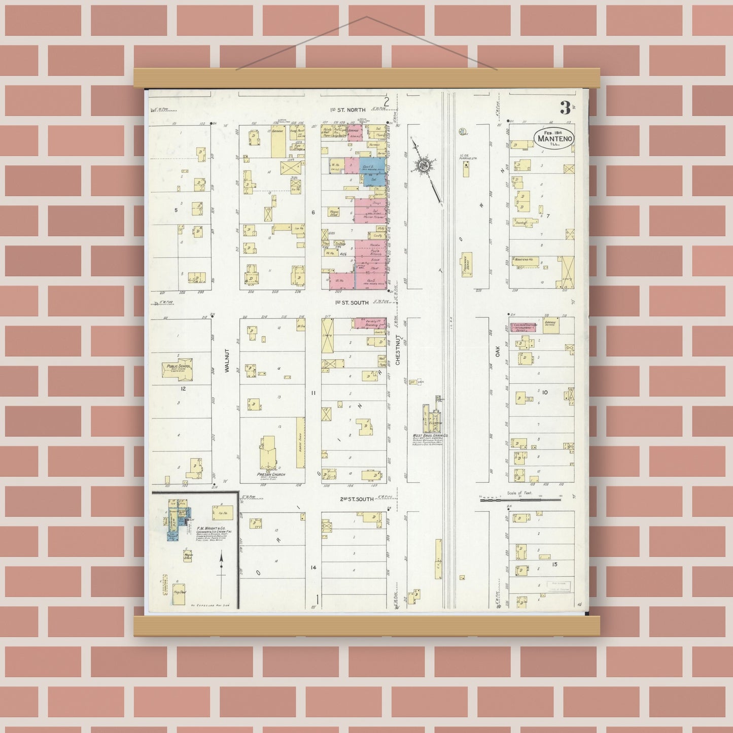 Old map wall art mockup — magnetic wood frame on brick wall — Sanborn Fire Insurance Map from Manteno, Kankakee County, Illinois (1914), Sheet #0003