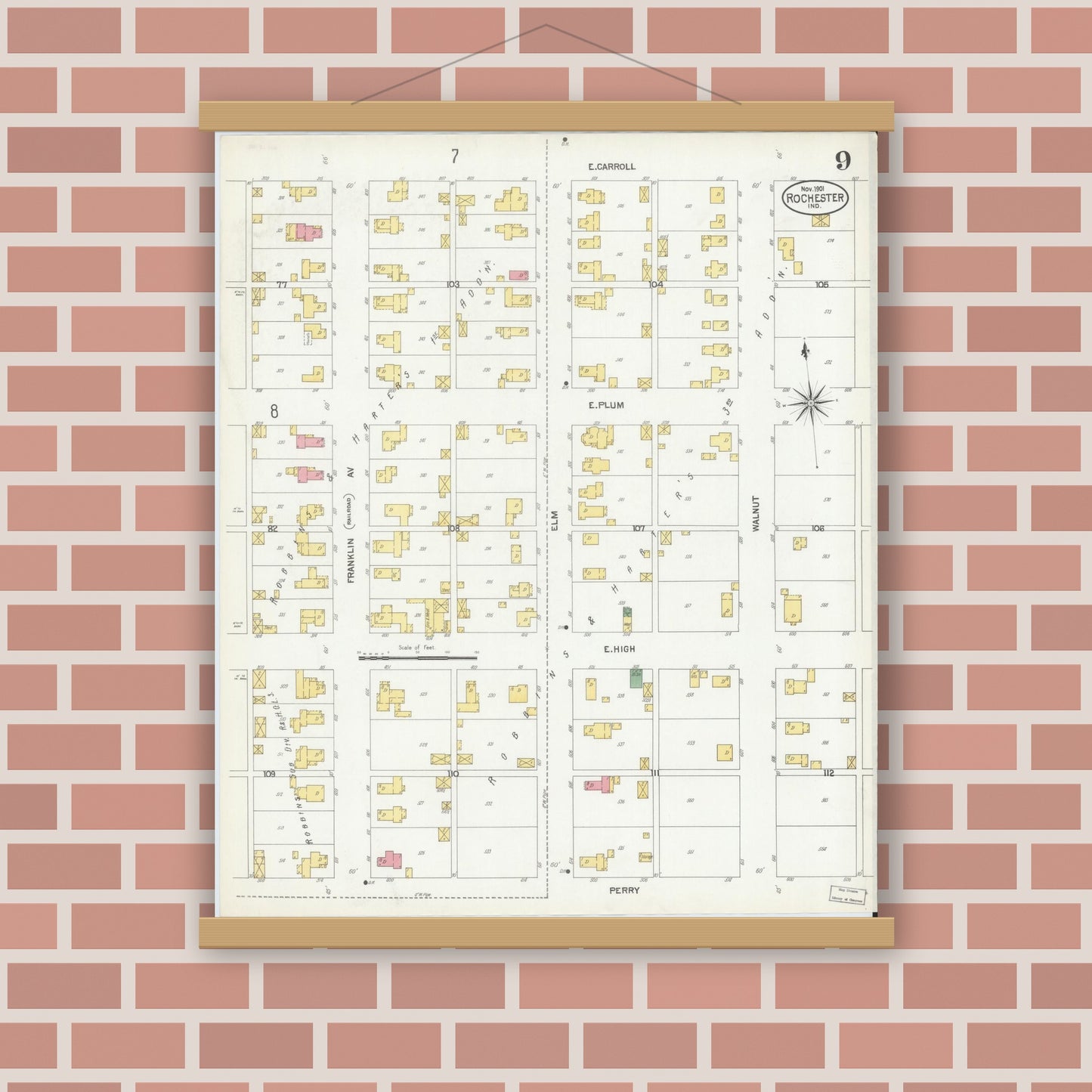 Old map wall art mockup — magnetic wood frame on brick wall — Sanborn Fire Insurance Map from Rochester, Fulton County, Indiana (1901), Sheet #0009