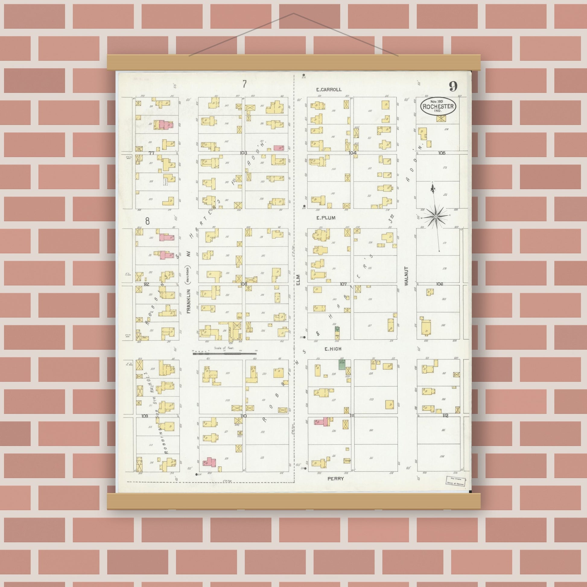 Old map wall art mockup — magnetic wood frame on brick wall — Sanborn Fire Insurance Map from Rochester, Fulton County, Indiana (1901), Sheet #0009