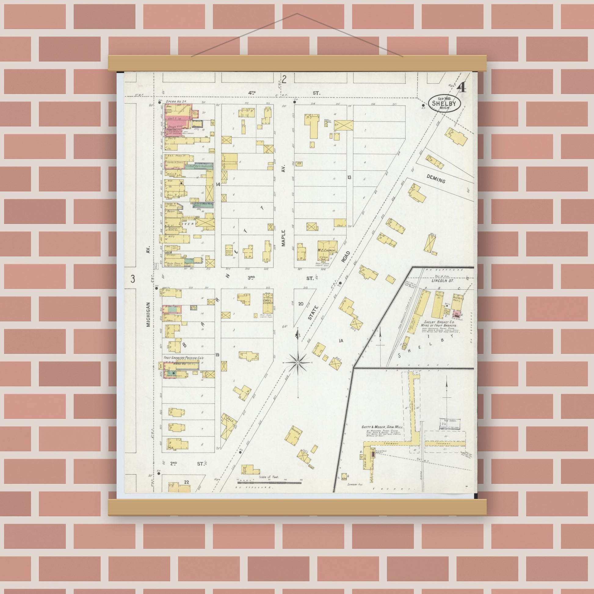 Old map wall art mockup — magnetic wood frame on brick wall — Sanborn Fire Insurance Map from Shelby, Oceana County, Michigan (1900), Sheet #0004