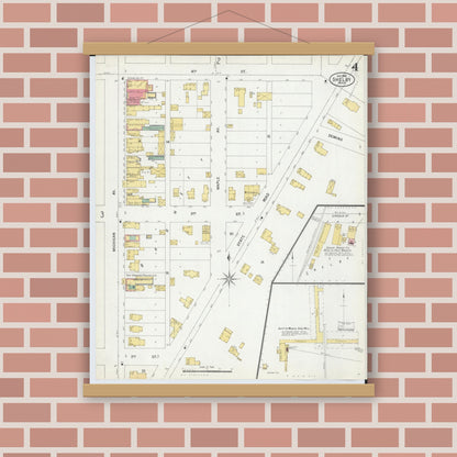 Old map wall art mockup — magnetic wood frame on brick wall — Sanborn Fire Insurance Map from Shelby, Oceana County, Michigan (1900), Sheet #0004