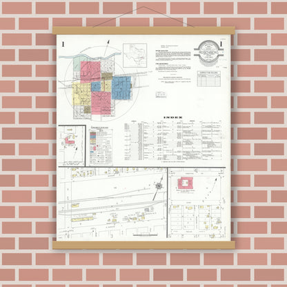 Old map wall art mockup — magnetic wood frame on brick wall — Sanborn Fire Insurance Map from Rosenberg, Fort Bend County, Texas (1942), Sheet #0001