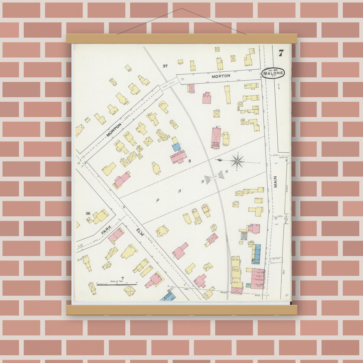 Old map wall art mockup — magnetic wood frame on brick wall — Sanborn Fire Insurance Map from Malone, Franklin County, New York (1892), Sheet #0007
