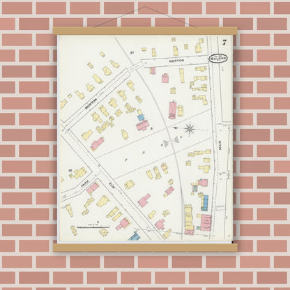 Old map wall art mockup — magnetic wood frame on brick wall — Sanborn Fire Insurance Map from Malone, Franklin County, New York (1892), Sheet #0007
