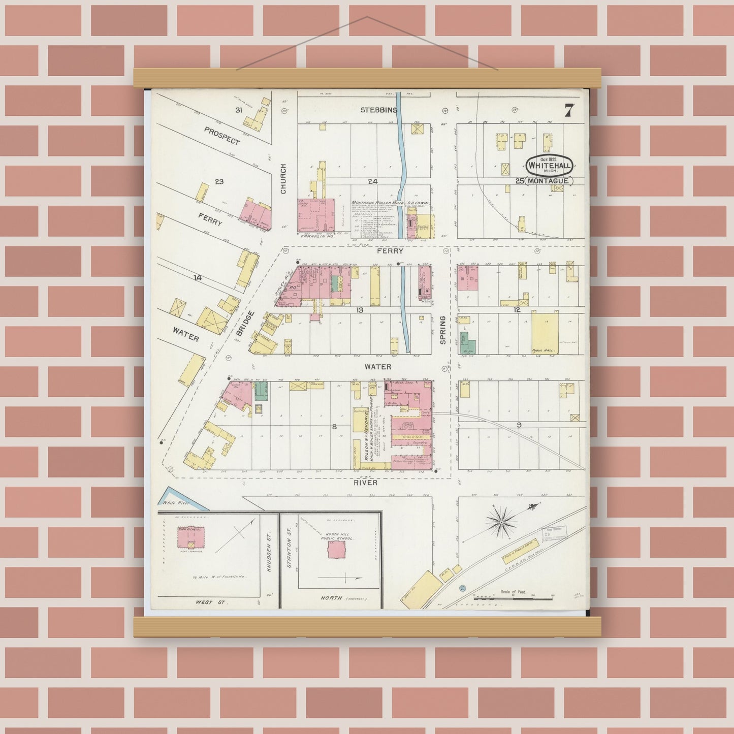 Old map wall art mockup — magnetic wood frame on brick wall — Sanborn Fire Insurance Map from Whitehall, Muskegon County, Michigan (1892), Sheet #0007