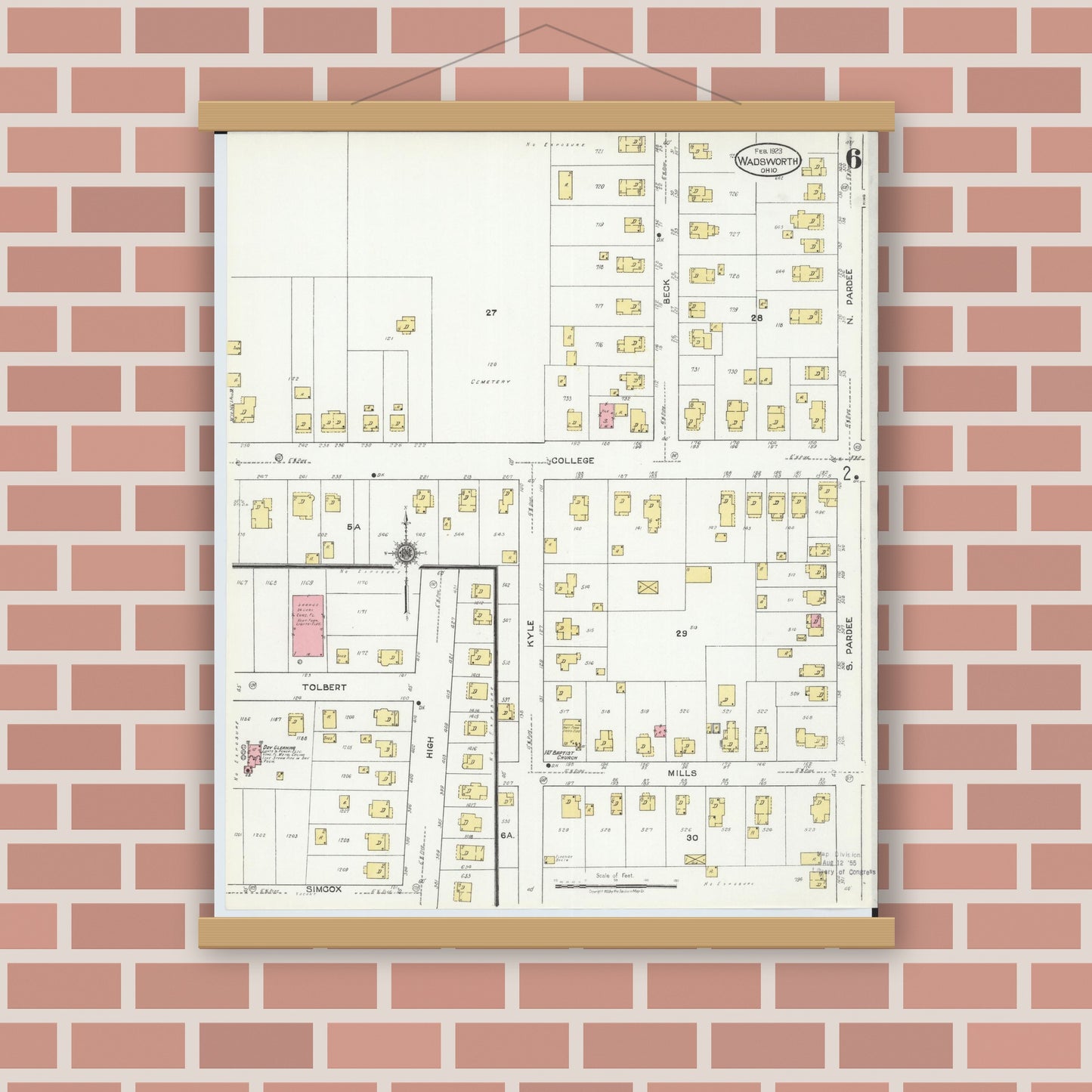 Old map wall art mockup — magnetic wood frame on brick wall — Sanborn Fire Insurance Map from Wadsworth, Medina County, Ohio (1923), Sheet #0006