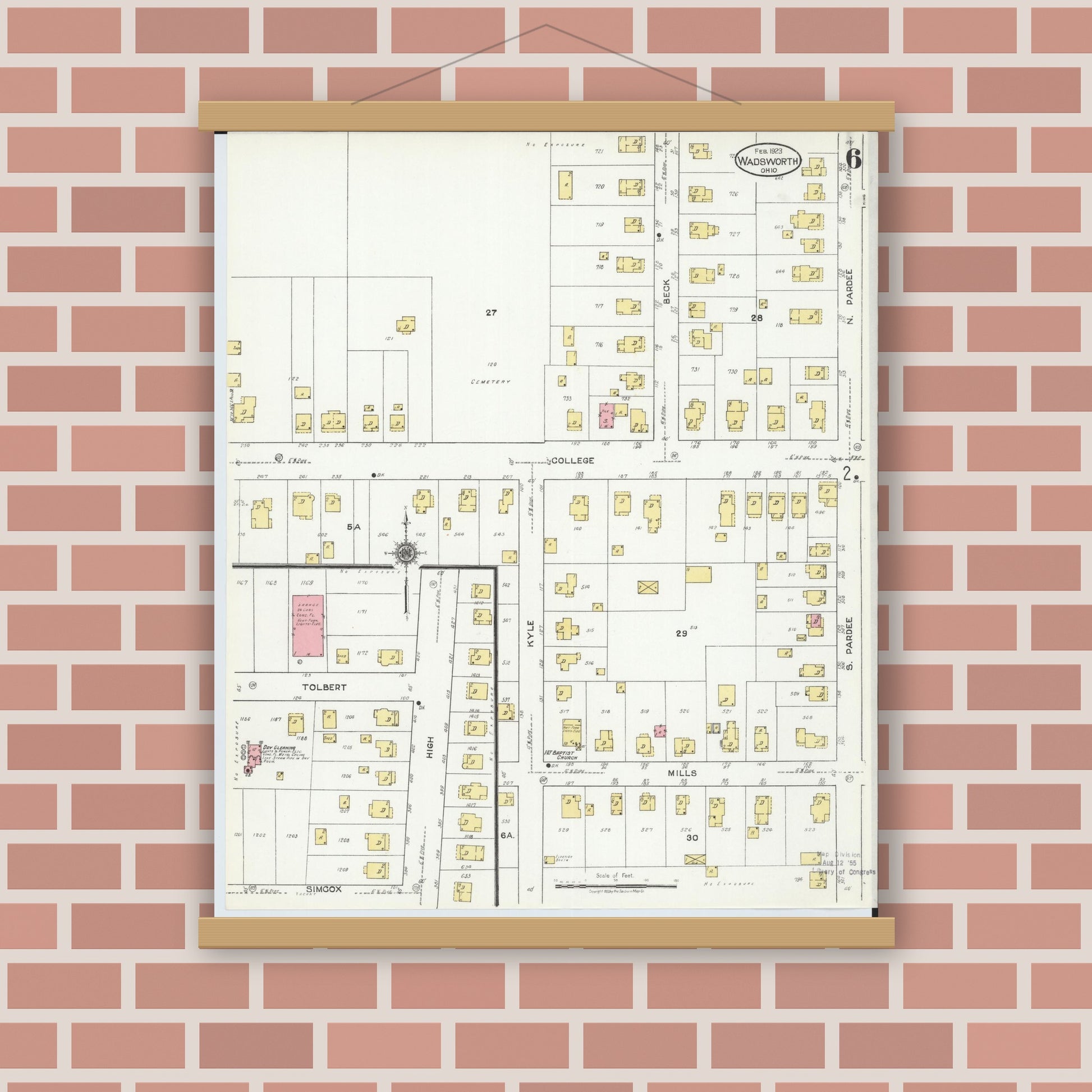 Old map wall art mockup — magnetic wood frame on brick wall — Sanborn Fire Insurance Map from Wadsworth, Medina County, Ohio (1923), Sheet #0006