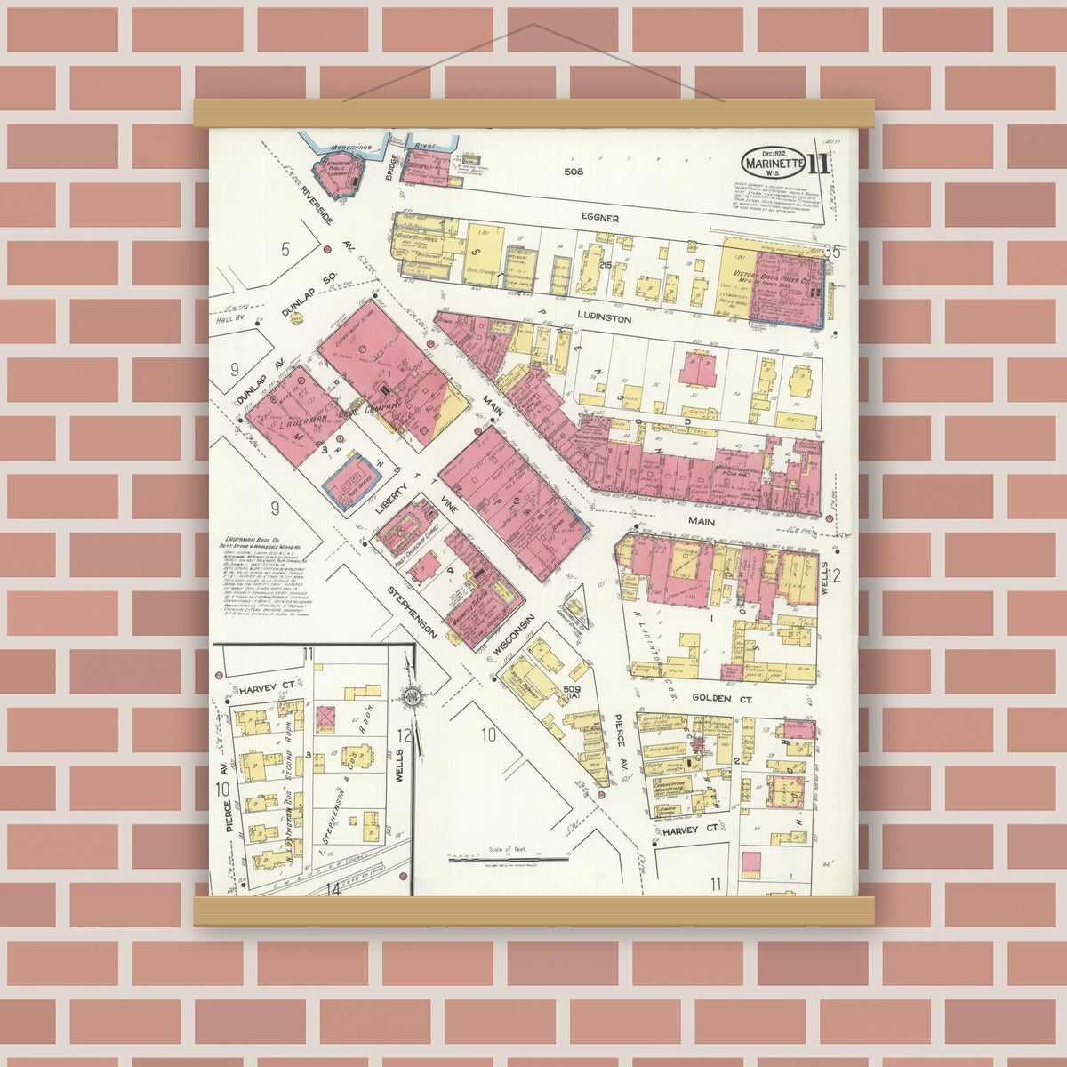 Old map wall art mockup — magnetic wood frame on brick wall — Sanborn Fire Insurance Map from Marinette, Marinette County, Wisconsin (1921), Sheet #0011