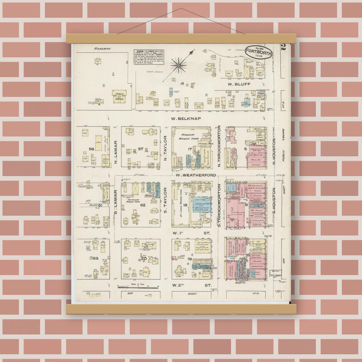 Old map wall art mockup — magnetic wood frame on brick wall — Sanborn Fire Insurance Map from Fort Worth, Tarrant County, Texas (1885), Sheet #0002