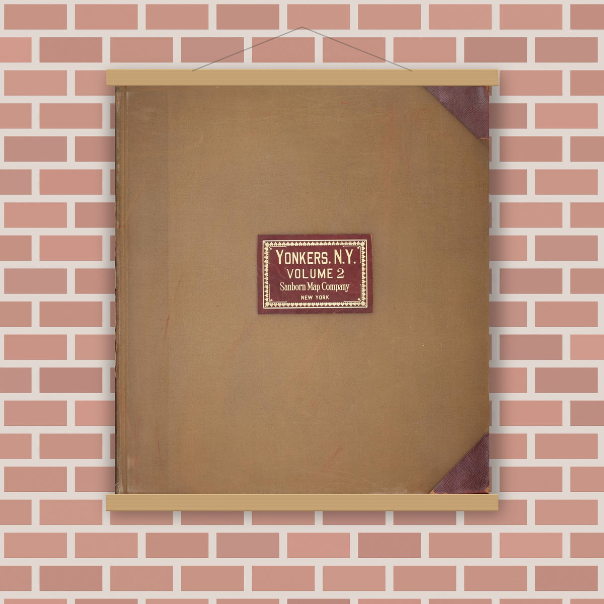 Old map wall art mockup — magnetic wood frame on brick wall — Sanborn Fire Insurance Map from Yonkers, Westchester County, New York (1950), Sheet #0001