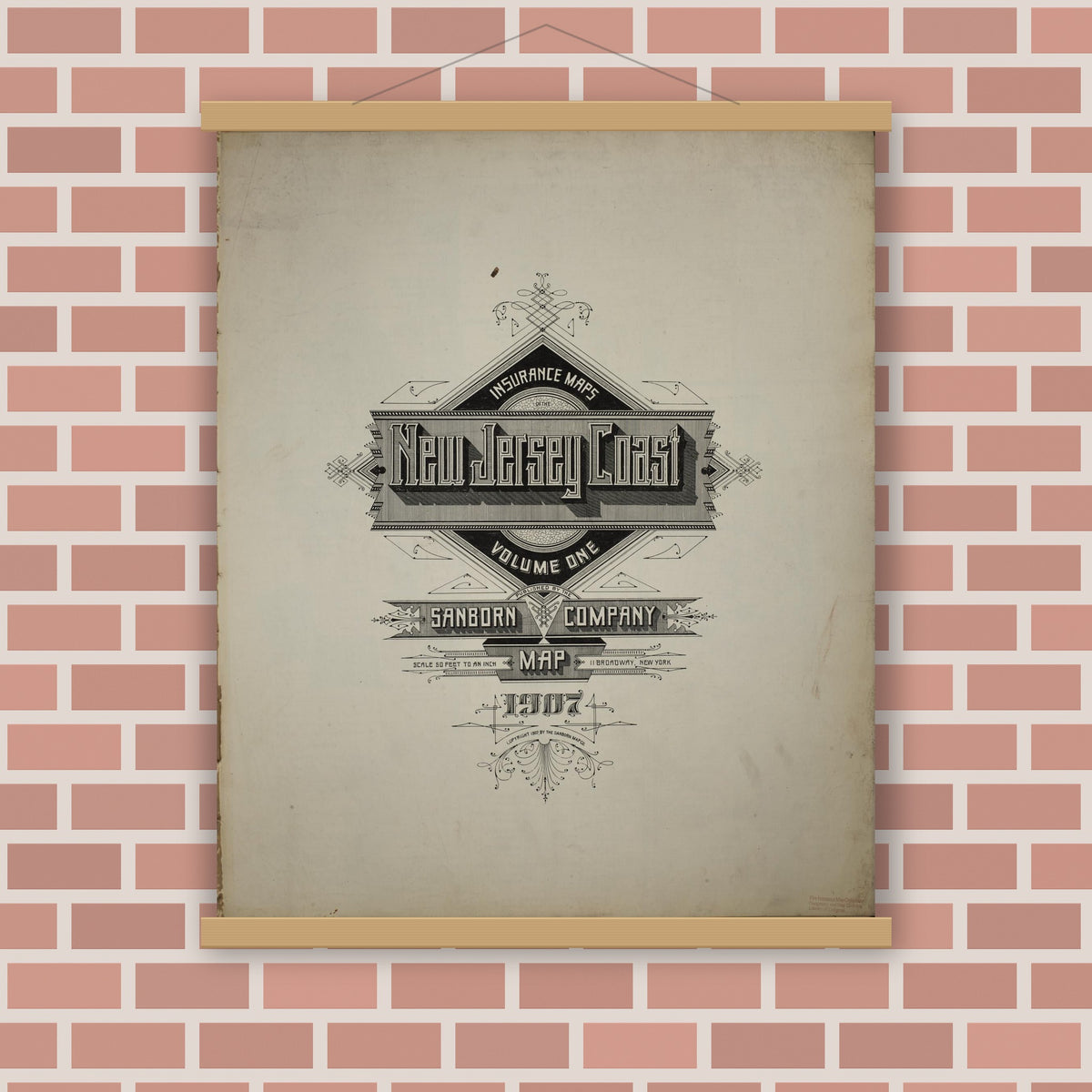 Old map wall art mockup — magnetic wood frame on brick wall — Sanborn Fire Insurance Map from New Jersey Coast, New Jersey Coast, New Jersey (1907), Sheet #0001
