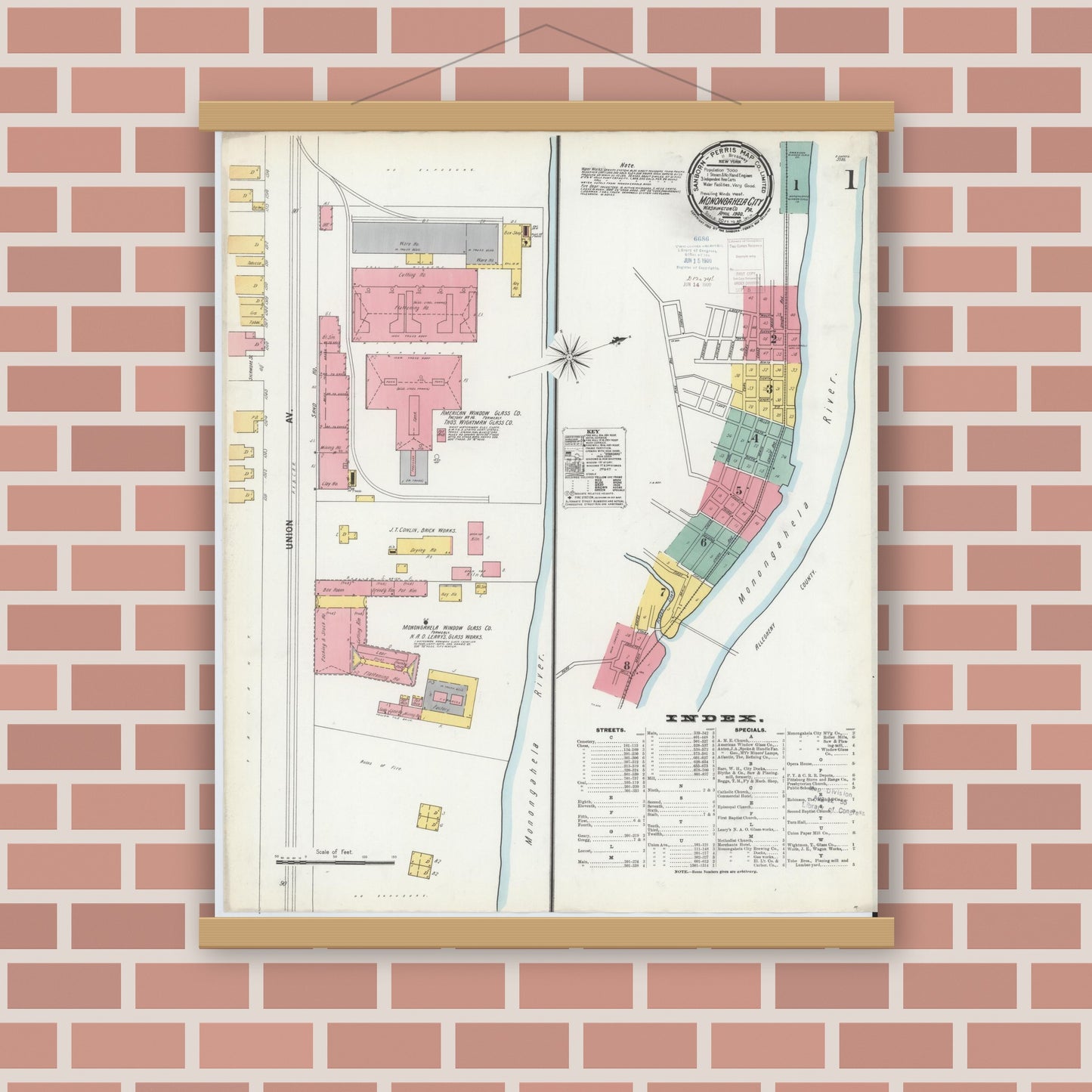 Old map wall art mockup — magnetic wood frame on brick wall — Sanborn Fire Insurance Map from Monongahela City, Washington County, Pennsylvania (1900), Sheet #0001