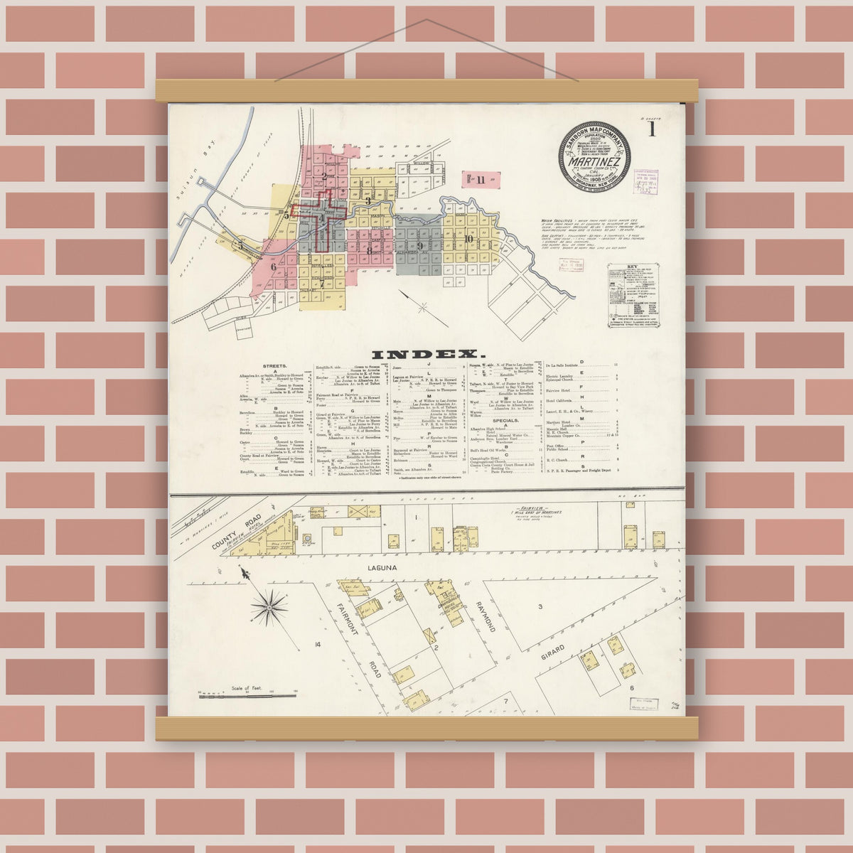 Old map wall art mockup — magnetic wood frame on brick wall — Sanborn Fire Insurance Map from Martinez, Contra Costa County, California (1908) - Complete Map Set