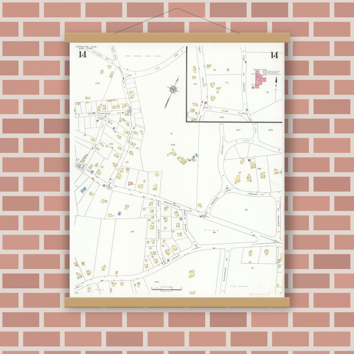 Old map wall art mockup — magnetic wood frame on brick wall — Sanborn Fire Insurance Map from Lexington, Middlesex County, Massachusetts (1935), Sheet #0014