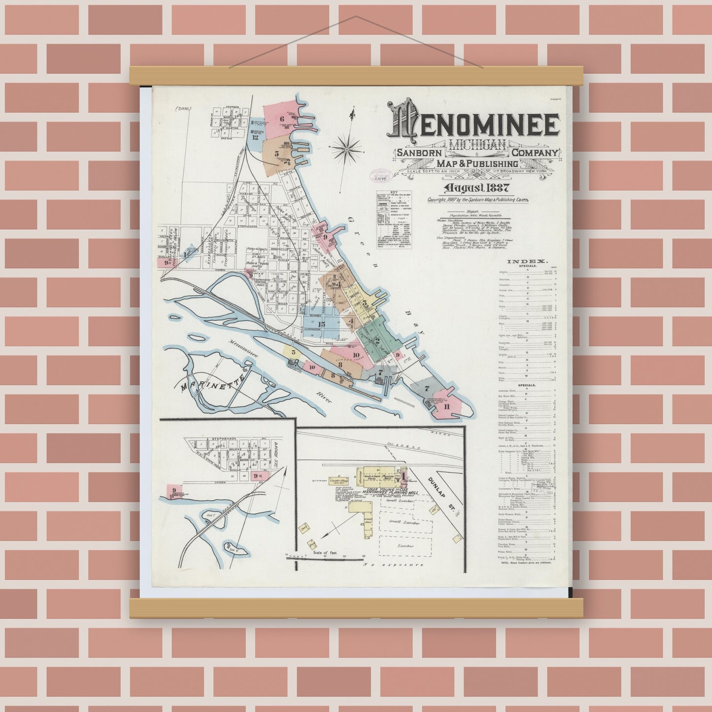 Old map wall art mockup — magnetic wood frame on brick wall — Sanborn Fire Insurance Map from Menominee, Menominee County, Michigan (1887) - Complete Map Set