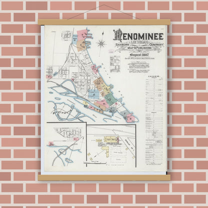 Old map wall art mockup — magnetic wood frame on brick wall — Sanborn Fire Insurance Map from Menominee, Menominee County, Michigan (1887) - Complete Map Set