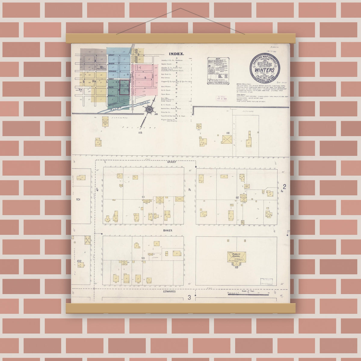 Old map wall art mockup — magnetic wood frame on brick wall — Sanborn Fire Insurance Map from Winters, Yolo County, California (1911) - Complete Map Set