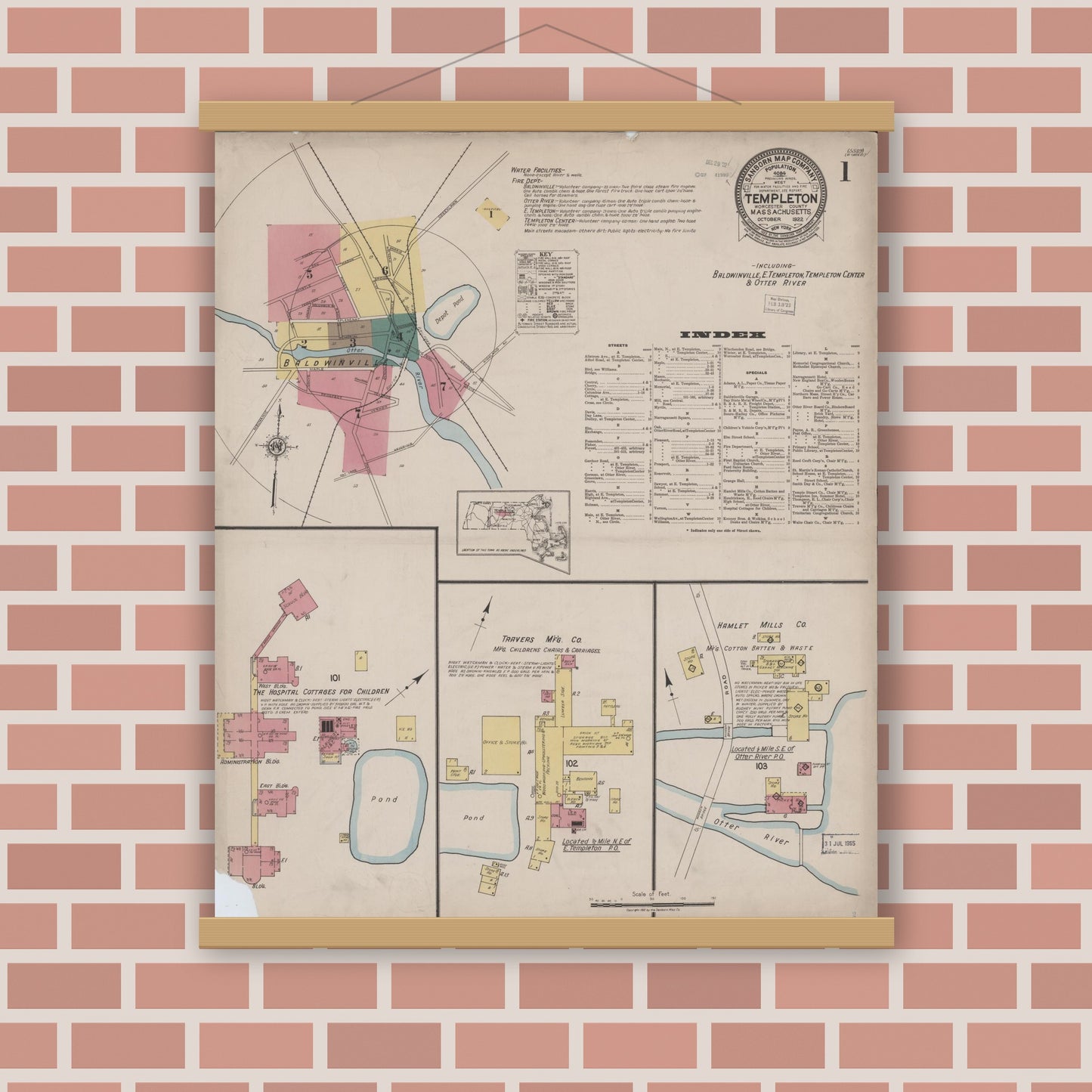 Old map wall art mockup — magnetic wood frame on brick wall — Sanborn Fire Insurance Map from Templeton, Worcester County, Massachusetts (1922) - Complete Map Set