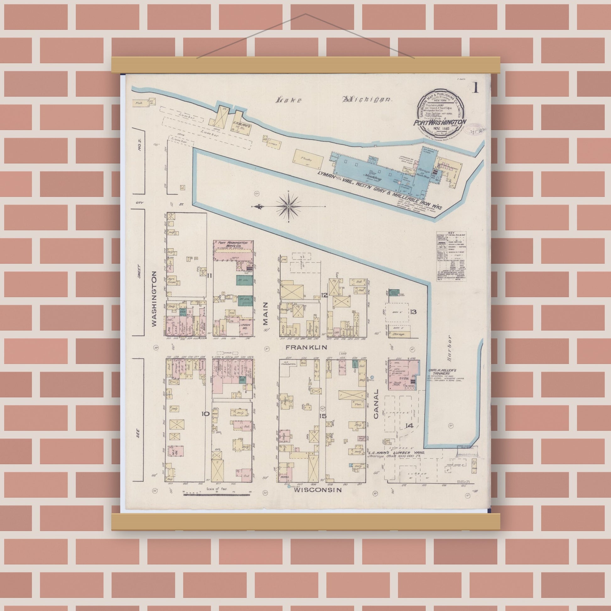 Old map wall art mockup — magnetic wood frame on brick wall — Sanborn Fire Insurance Map from Port Washington, Ozaukee County, Wisconsin (1885) - Complete Map Set