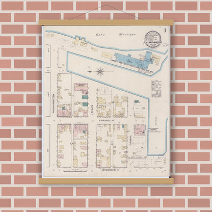 Old map wall art mockup — magnetic wood frame on brick wall — Sanborn Fire Insurance Map from Port Washington, Ozaukee County, Wisconsin (1885) - Complete Map Set