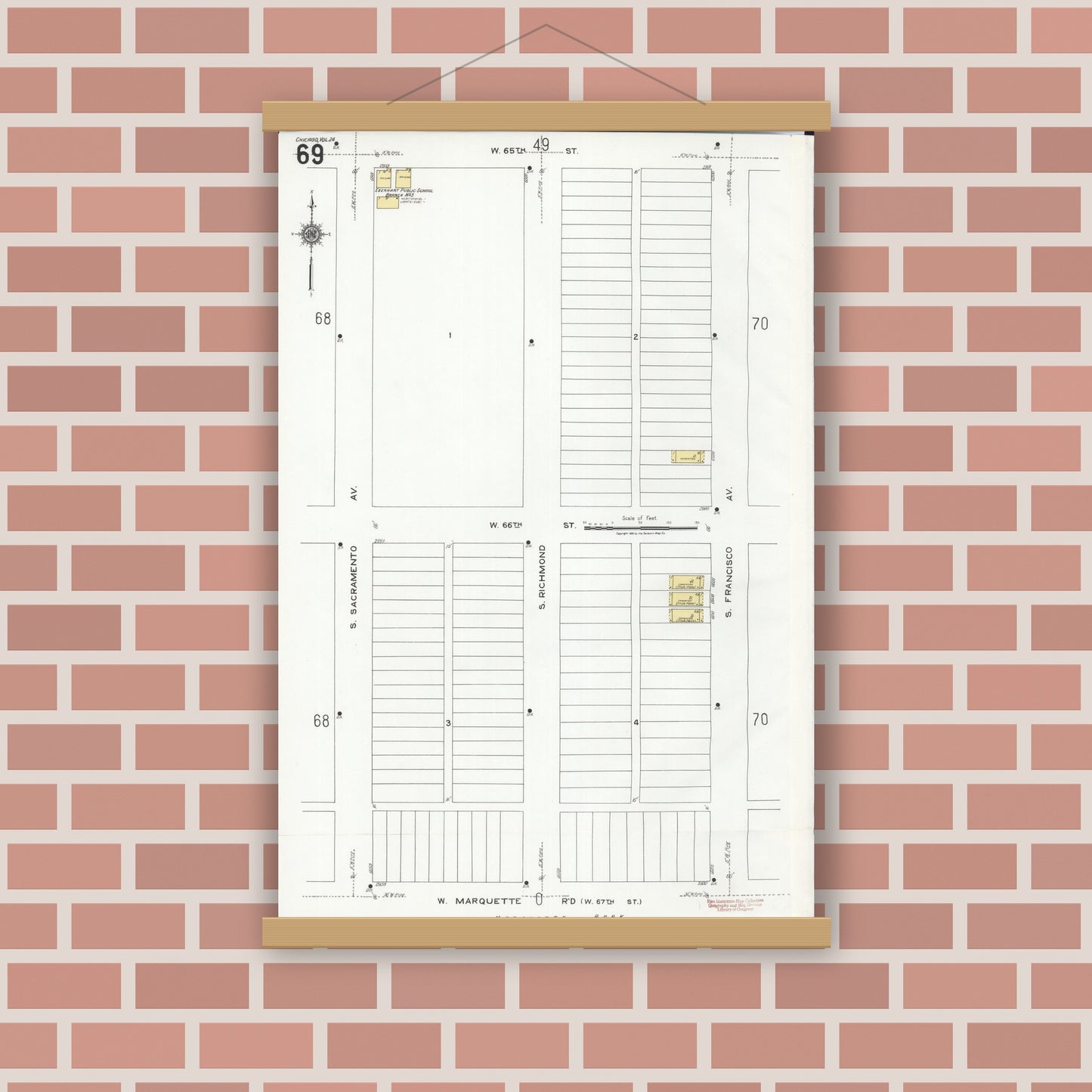 Old map wall art mockup — magnetic wood frame on brick wall — Sanborn Fire Insurance Map from Chicago, Cook County, Illinois (1920), Sheet #0069