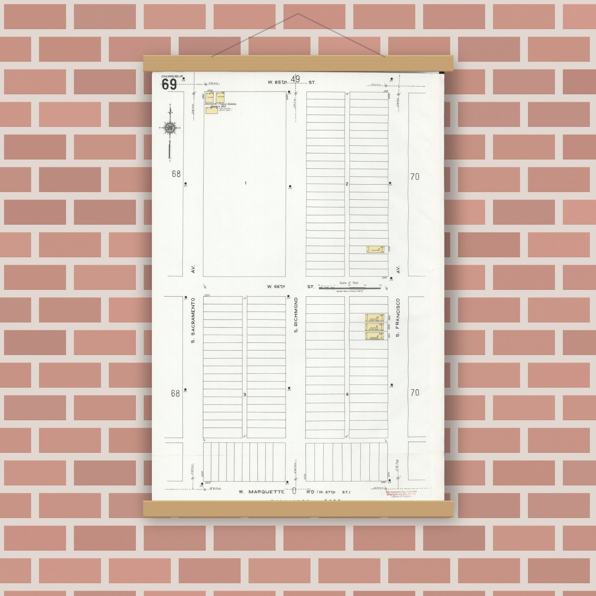 Old map wall art mockup — magnetic wood frame on brick wall — Sanborn Fire Insurance Map from Chicago, Cook County, Illinois (1920), Sheet #0069