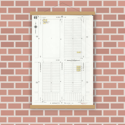 Old map wall art mockup — magnetic wood frame on brick wall — Sanborn Fire Insurance Map from Chicago, Cook County, Illinois (1920), Sheet #0069