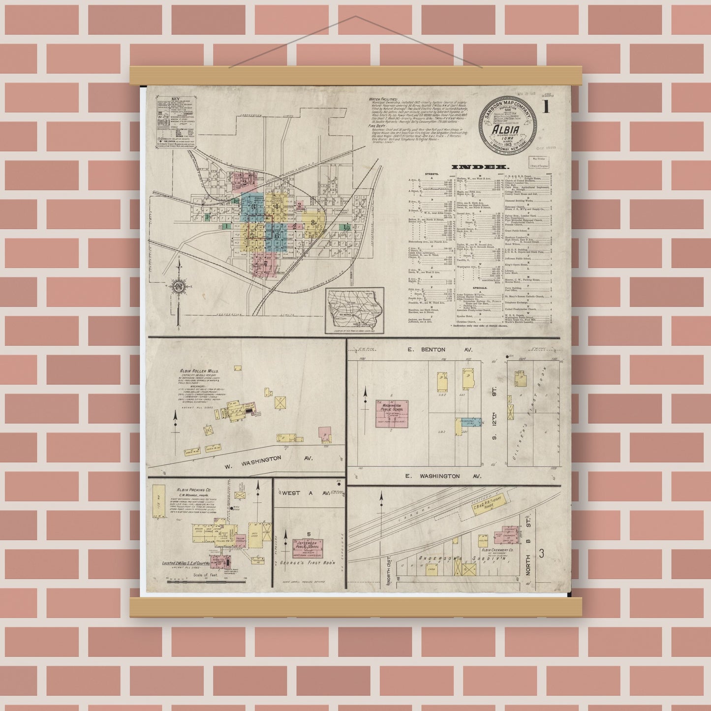 Old map wall art mockup — magnetic wood frame on brick wall — Sanborn Fire Insurance Map from Albia, Monroe County, Iowa (1913) â€” Complete Set
