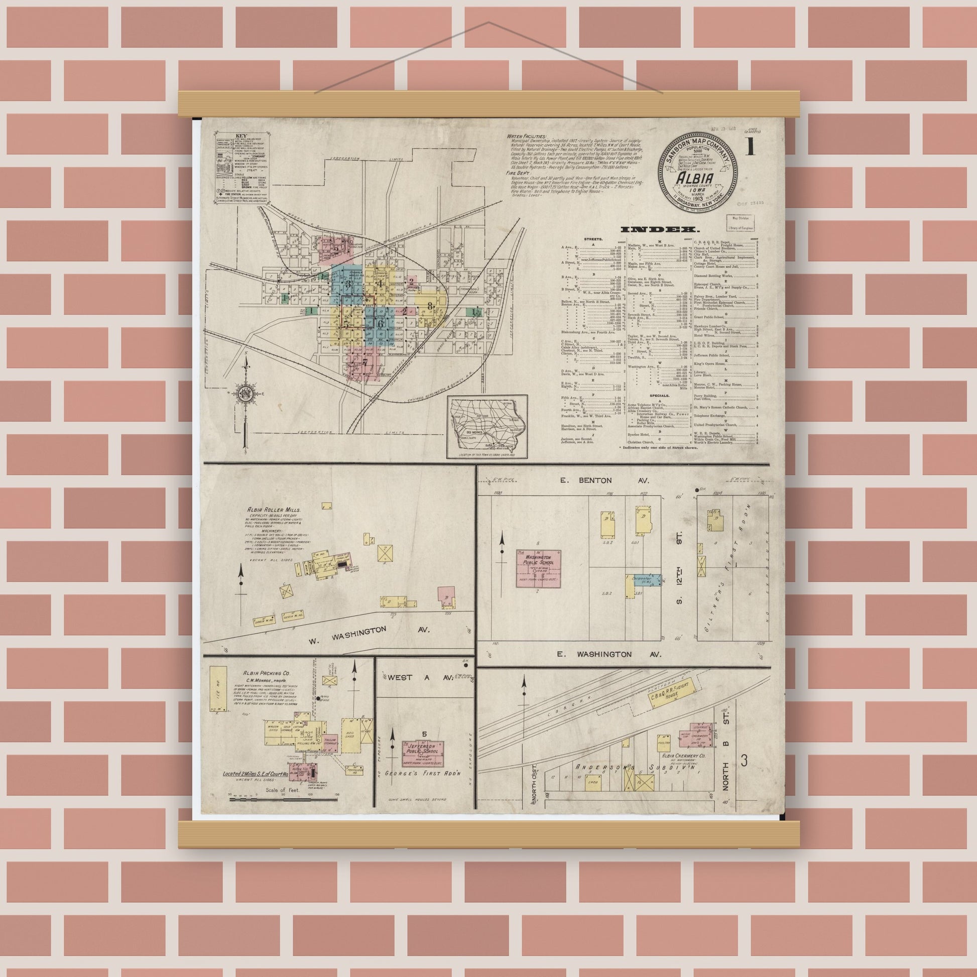 Old map wall art mockup — magnetic wood frame on brick wall — Sanborn Fire Insurance Map from Albia, Monroe County, Iowa (1913) â€” Complete Set