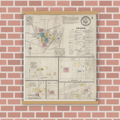 Old map wall art mockup — magnetic wood frame on brick wall — Sanborn Fire Insurance Map from Albia, Monroe County, Iowa (1913) â€” Complete Set