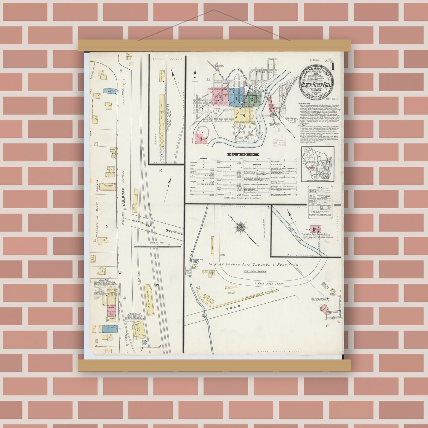 Old map wall art mockup — magnetic wood frame on brick wall — Sanborn Fire Insurance Map from Black River Falls, Jackson County, Wisconsin (1914) - Complete Map Set