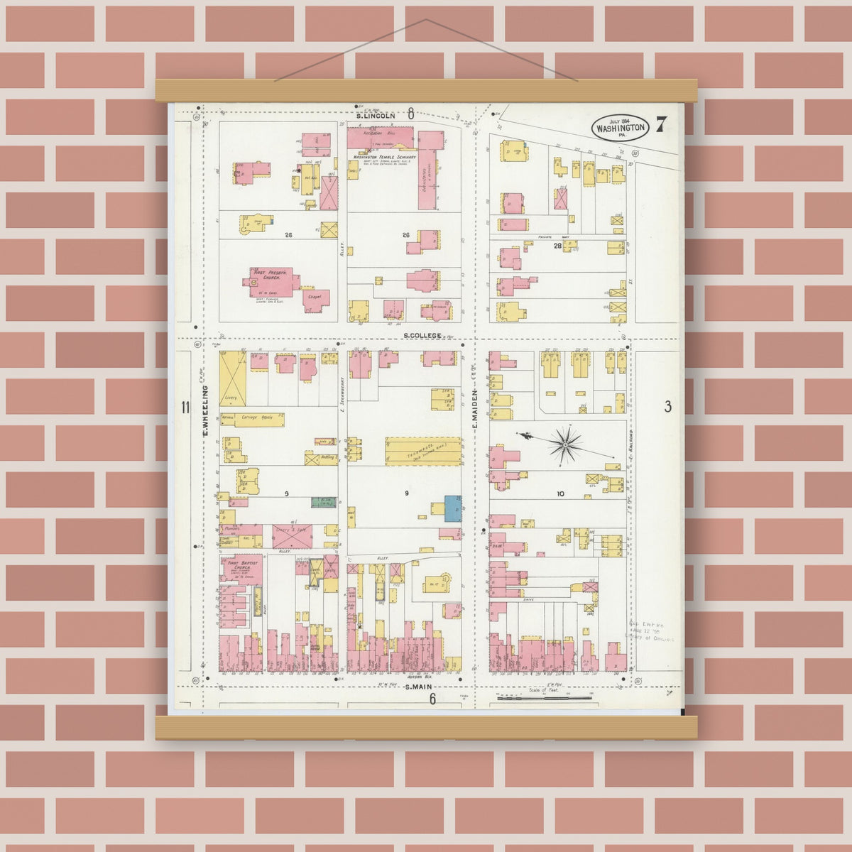 Old map wall art mockup — magnetic wood frame on brick wall — Sanborn Fire Insurance Map from Washington, Washington County, Pennsylvania (1904), Sheet #0007