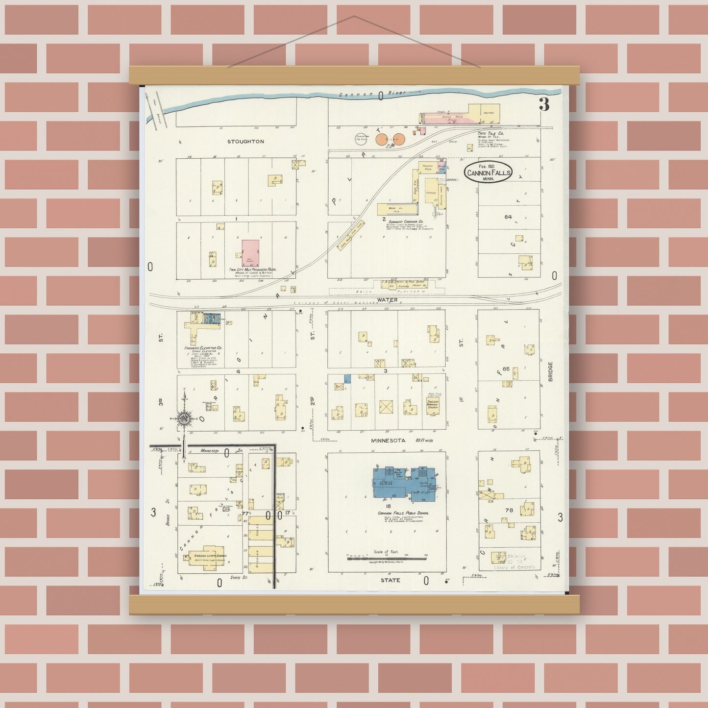 Old map wall art mockup — magnetic wood frame on brick wall — Sanborn Fire Insurance Map from Cannon Falls, Goodhue County, Minnesota (1921), Sheet #0003
