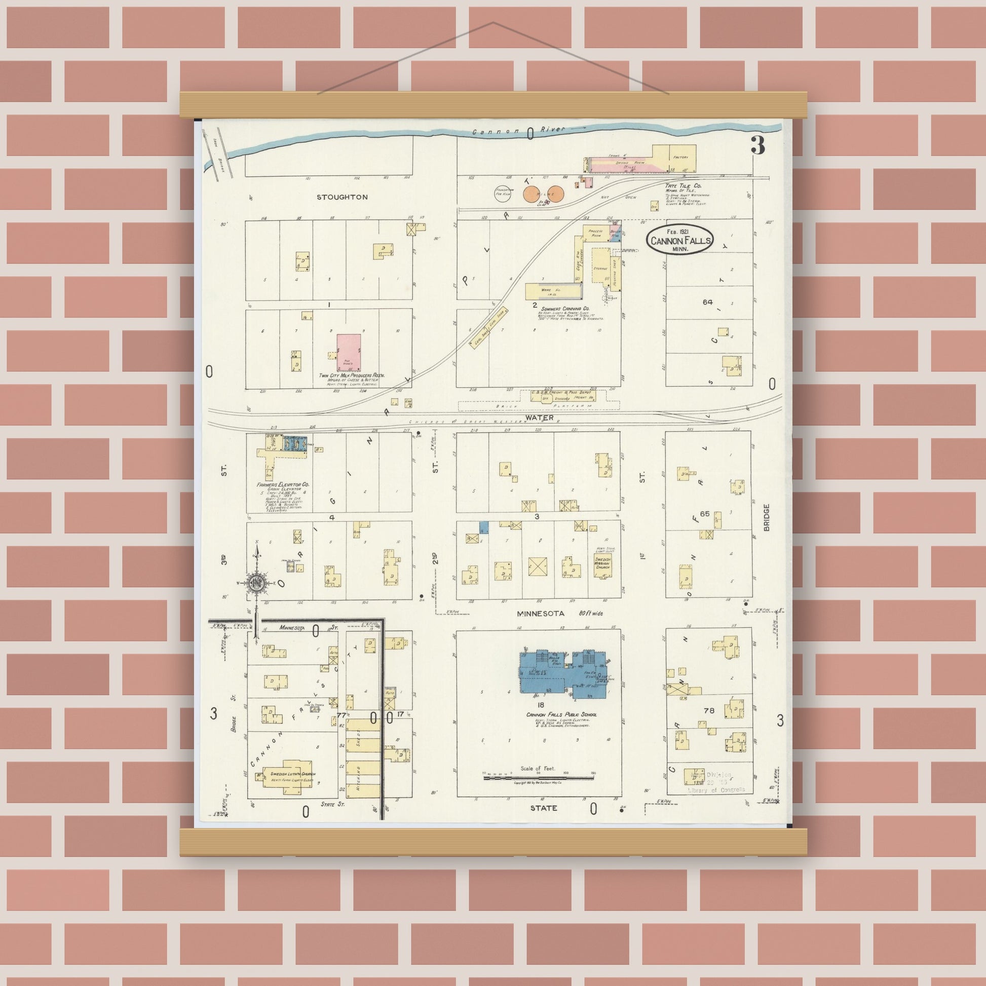 Old map wall art mockup — magnetic wood frame on brick wall — Sanborn Fire Insurance Map from Cannon Falls, Goodhue County, Minnesota (1921), Sheet #0003