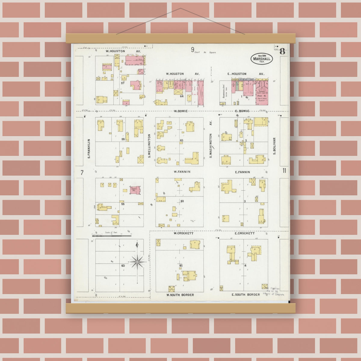 Old map wall art mockup — magnetic wood frame on brick wall — Sanborn Fire Insurance Map from Marshall, Harrison County, Texas (1899), Sheet #0008