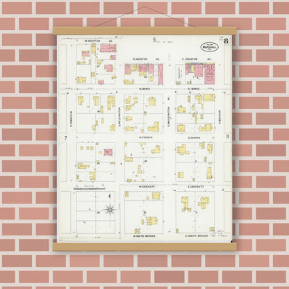 Old map wall art mockup — magnetic wood frame on brick wall — Sanborn Fire Insurance Map from Marshall, Harrison County, Texas (1899), Sheet #0008