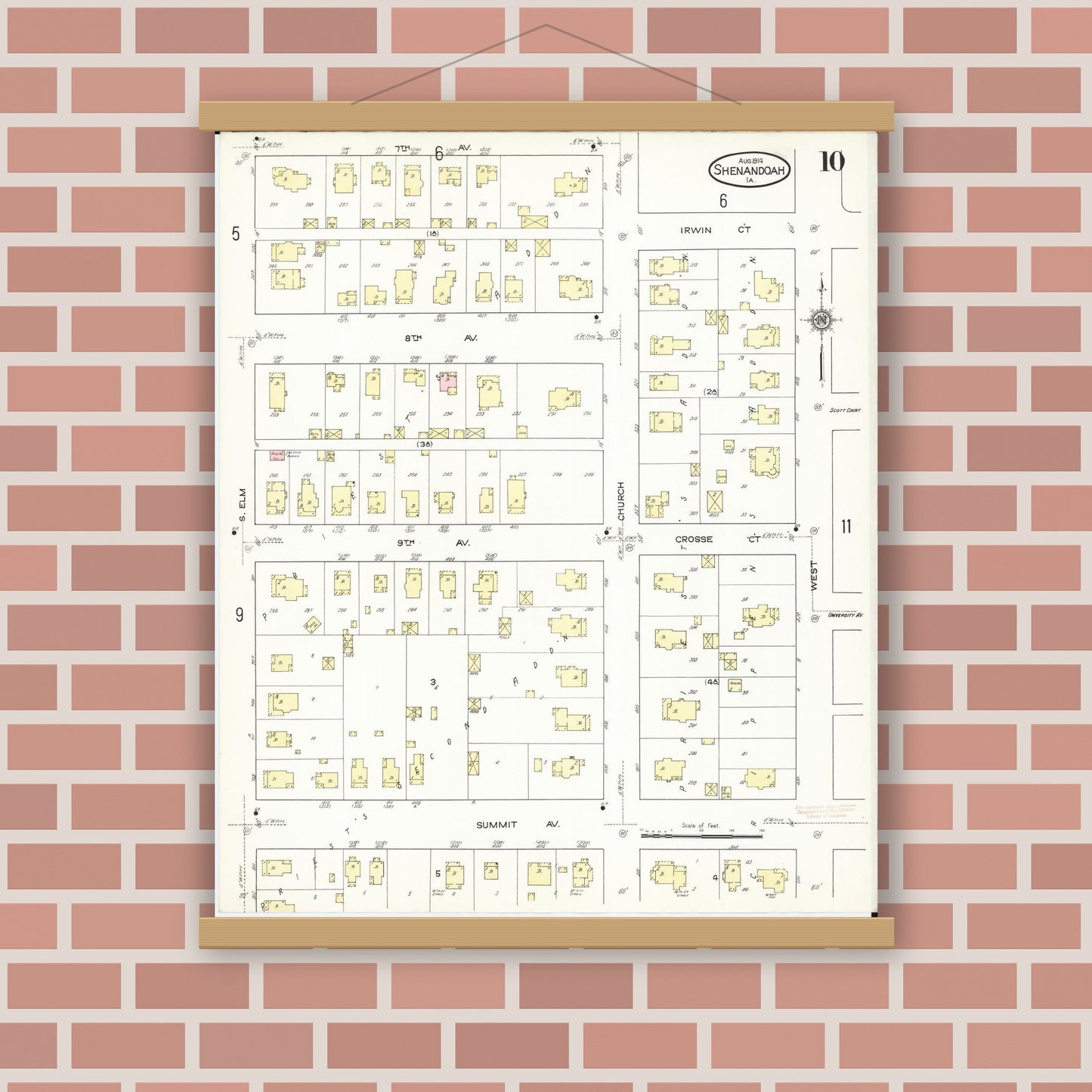Old map wall art mockup — magnetic wood frame on brick wall — Sanborn Fire Insurance Map from Shenandoah, Page County, Iowa (1914), Sheet #0010