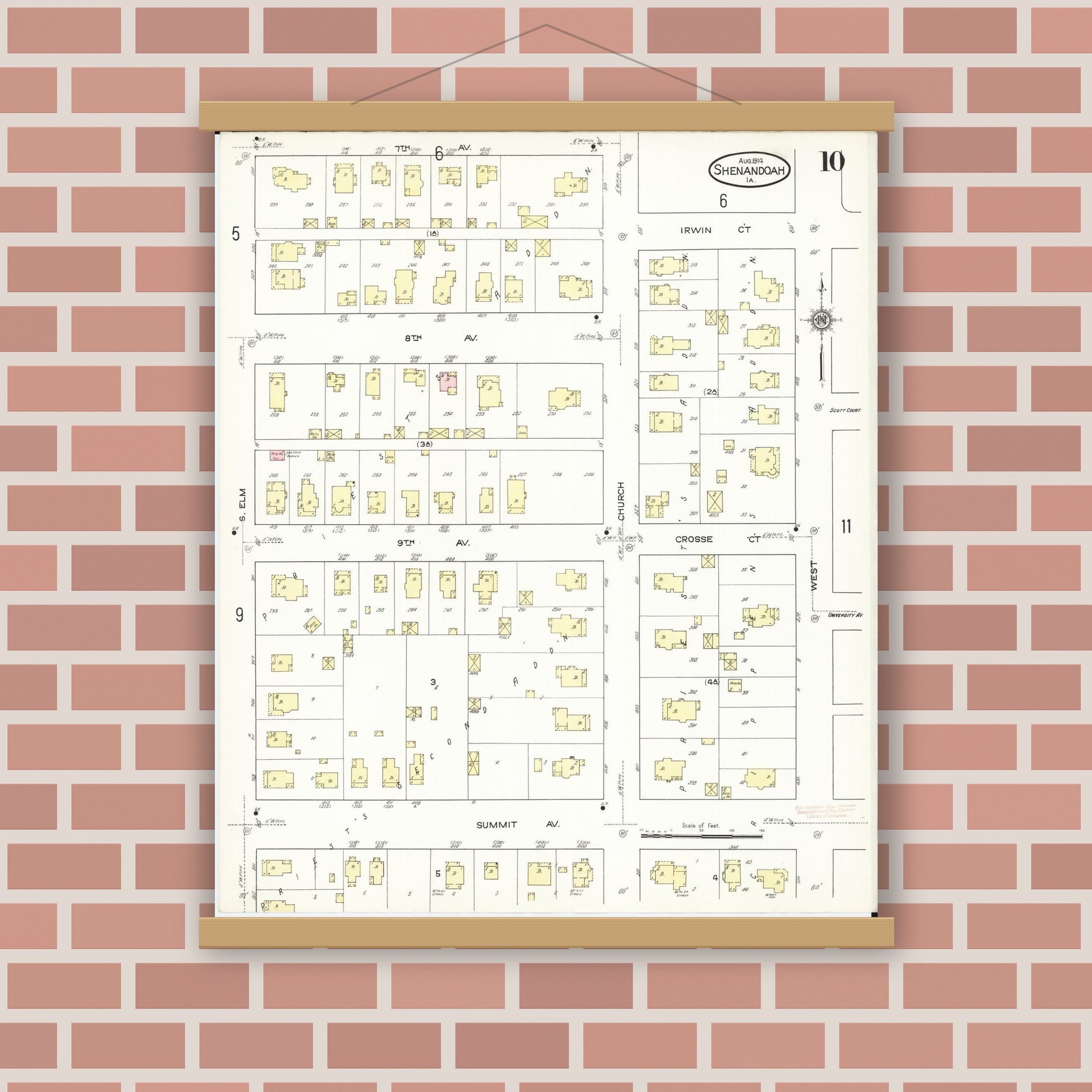 Old map wall art mockup — magnetic wood frame on brick wall — Sanborn Fire Insurance Map from Shenandoah, Page County, Iowa (1914), Sheet #0010
