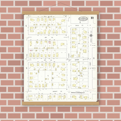Old map wall art mockup — magnetic wood frame on brick wall — Sanborn Fire Insurance Map from Shenandoah, Page County, Iowa (1914), Sheet #0010