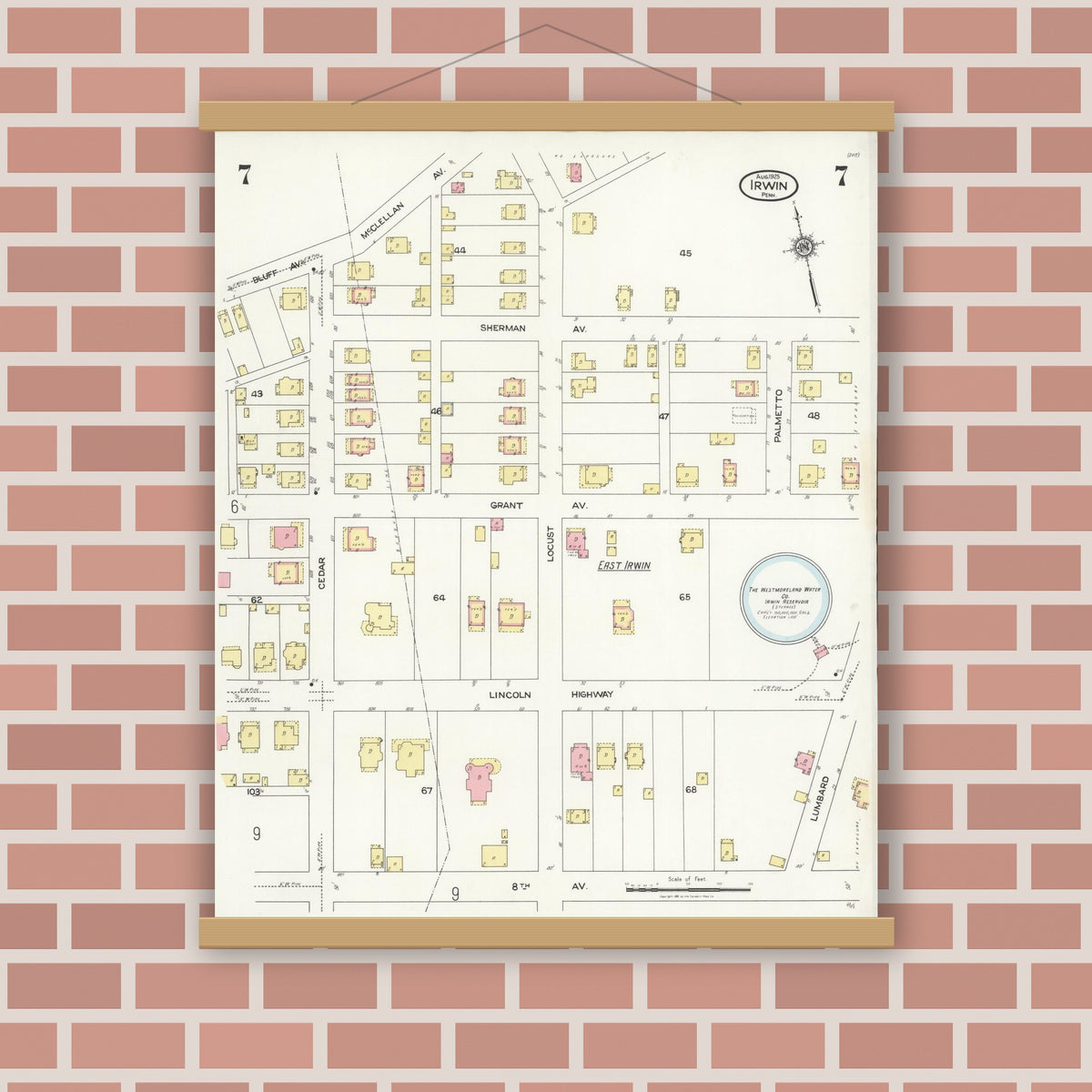 Old map wall art mockup — magnetic wood frame on brick wall — Sanborn Fire Insurance Map from Irwin, Westmoreland County, Pennsylvania (1925), Sheet #0007