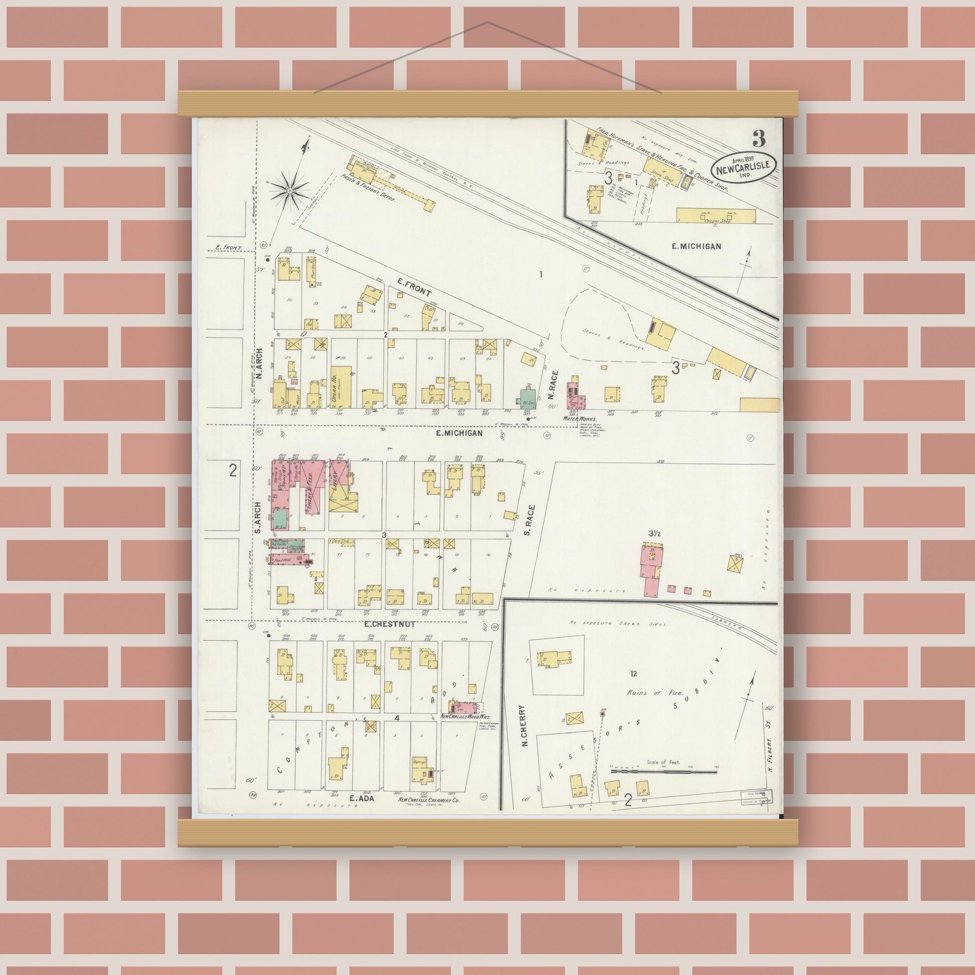 Old map wall art mockup — magnetic wood frame on brick wall — Sanborn Fire Insurance Map from New Carlisle, Saint Joseph County, Indiana (1899), Sheet #0003