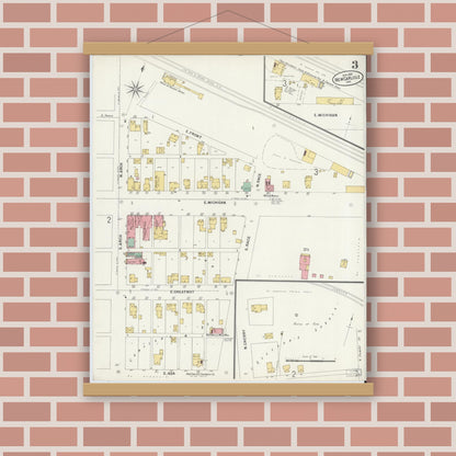 Old map wall art mockup — magnetic wood frame on brick wall — Sanborn Fire Insurance Map from New Carlisle, Saint Joseph County, Indiana (1899), Sheet #0003