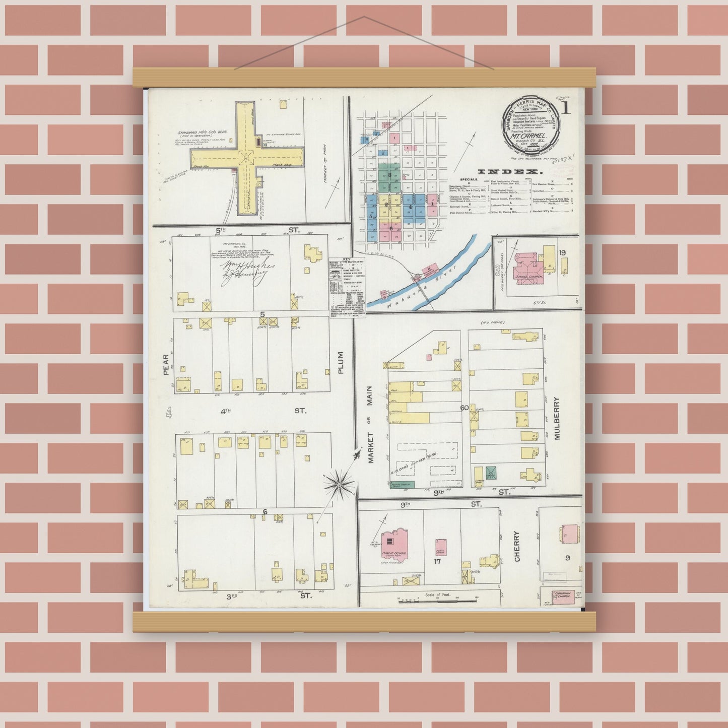 Old map wall art mockup — magnetic wood frame on brick wall — Sanborn Fire Insurance Map from Mount Carmel, Wabash County, Illinois (1892) - Complete Map Set