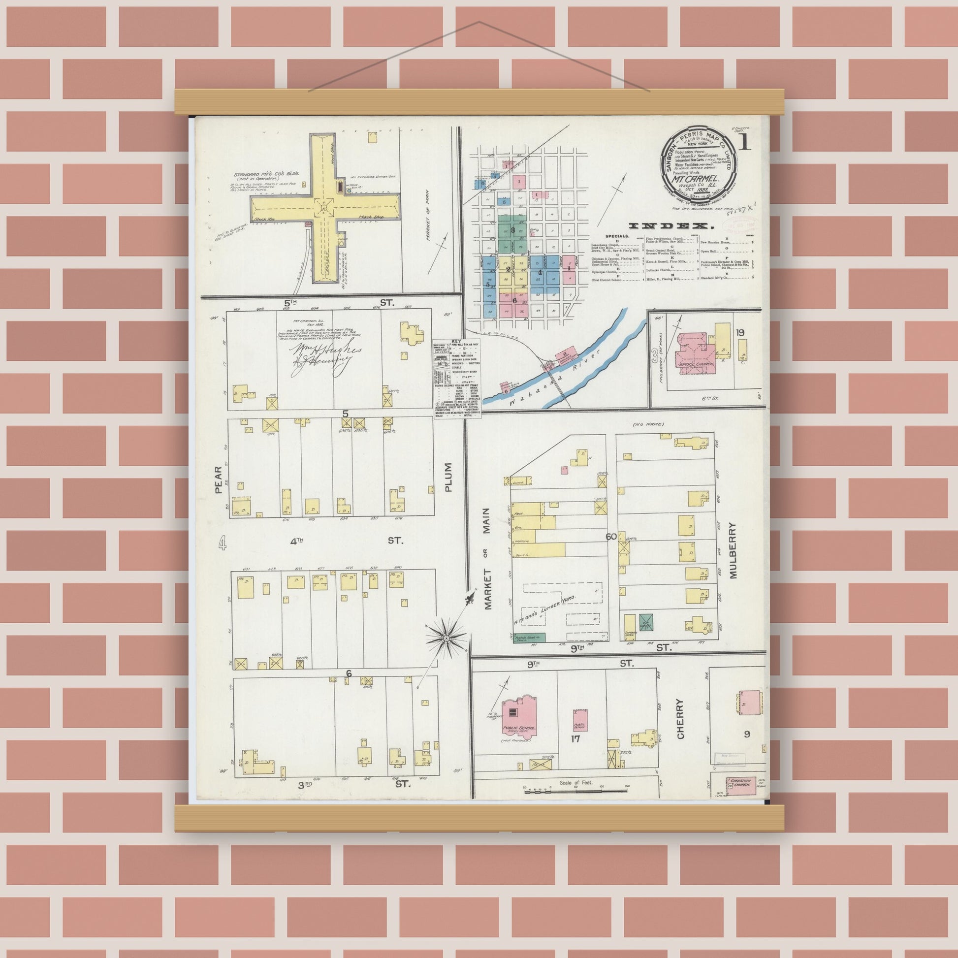 Old map wall art mockup — magnetic wood frame on brick wall — Sanborn Fire Insurance Map from Mount Carmel, Wabash County, Illinois (1892) - Complete Map Set