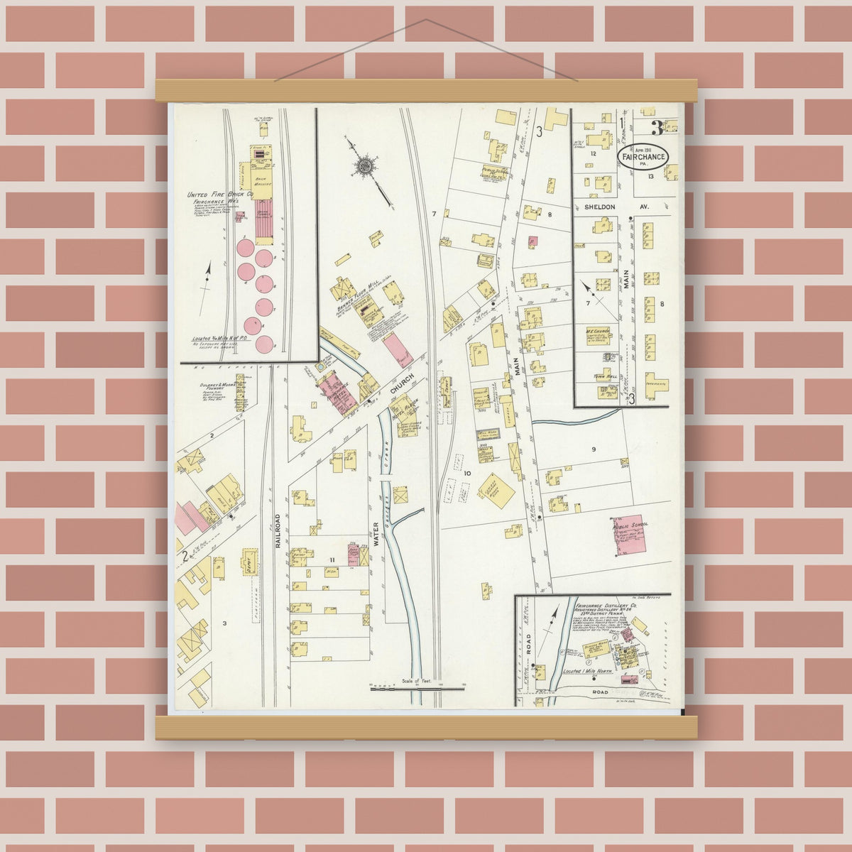 Old map wall art mockup — magnetic wood frame on brick wall — Sanborn Fire Insurance Map from Fairchange, Fayette County, Pennsylvania (1911), Sheet #0003