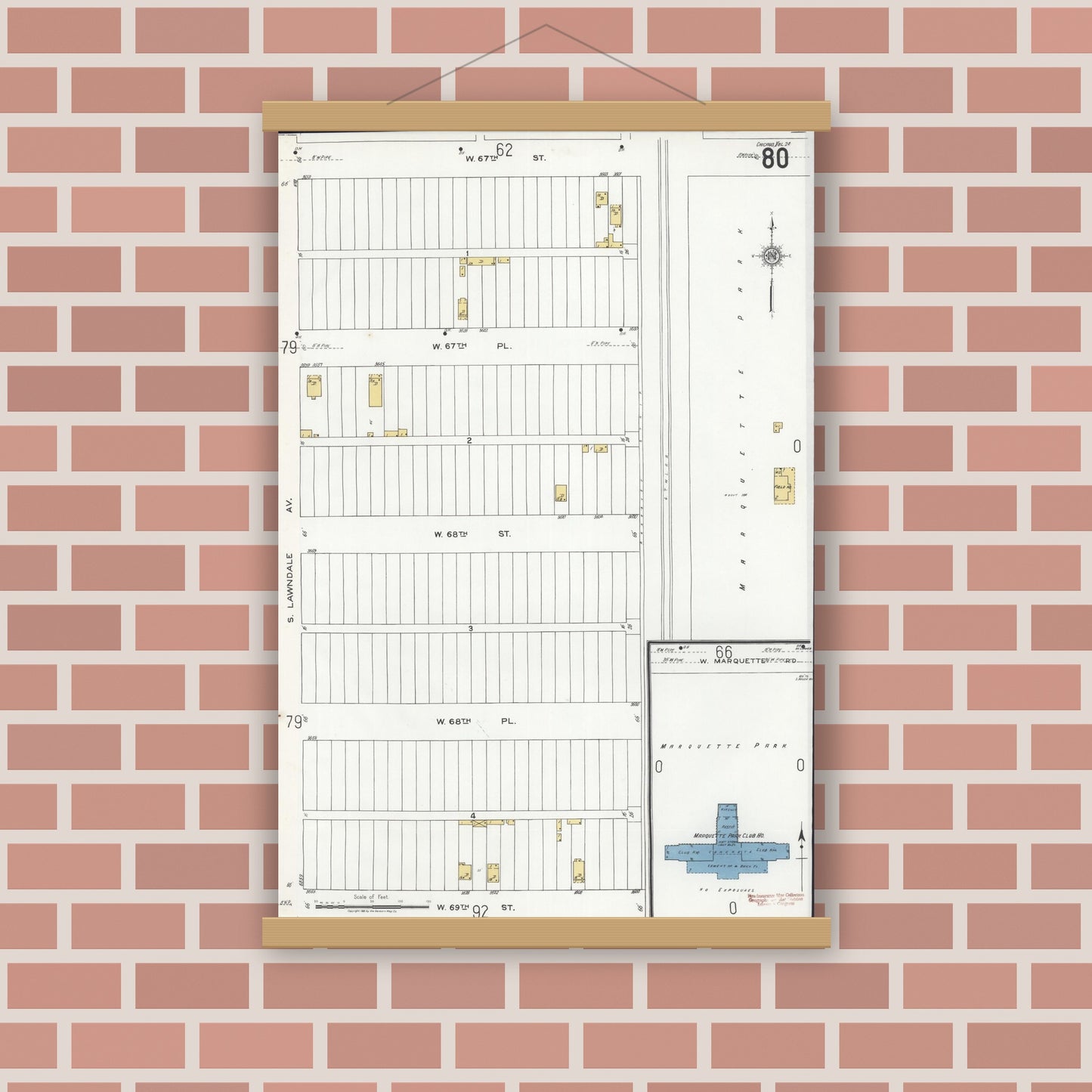 Old map wall art mockup — magnetic wood frame on brick wall — Sanborn Fire Insurance Map from Chicago, Cook County, Illinois (1920), Sheet #0080