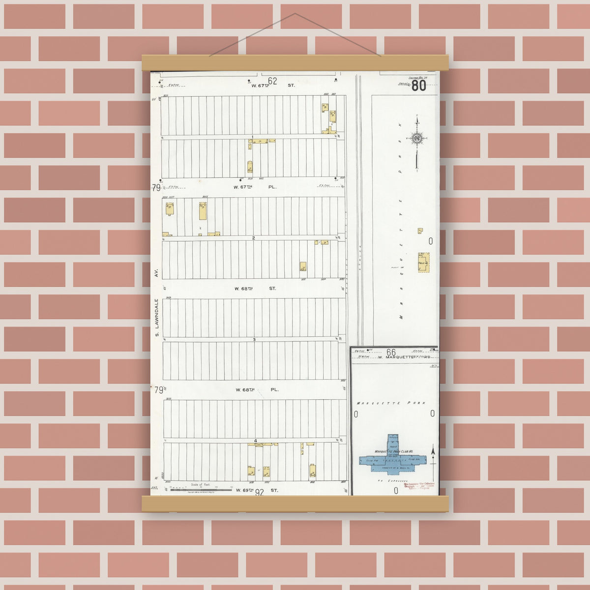 Old map wall art mockup — magnetic wood frame on brick wall — Sanborn Fire Insurance Map from Chicago, Cook County, Illinois (1920), Sheet #0080