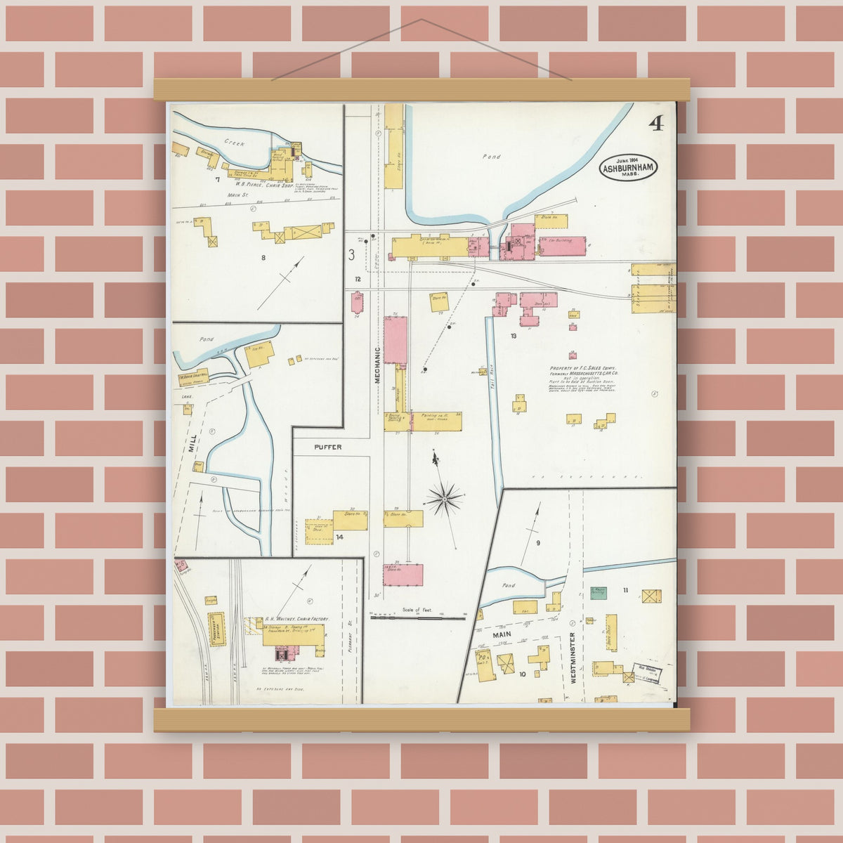 Old map wall art mockup — magnetic wood frame on brick wall — Sanborn Fire Insurance Map from Ashburnham, Worcester County, Massachusetts (1904), Sheet #0004